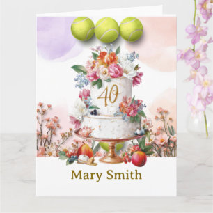 Tarjeta Tenis cumpleaños 40 con pastel y número cuarenta