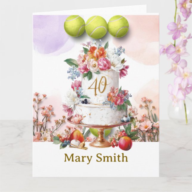 Tarjeta Tenis cumpleaños 40 con pastel y número cuarenta (Orquídea)