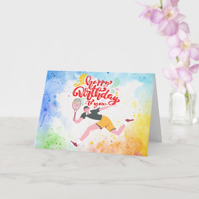 Tarjeta Tenis Happy Birday Tennis Player acuarela (Orquídea)
