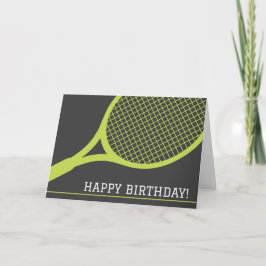Tarjeta Tenis verde raqueta en un cumpleaños feliz y gris