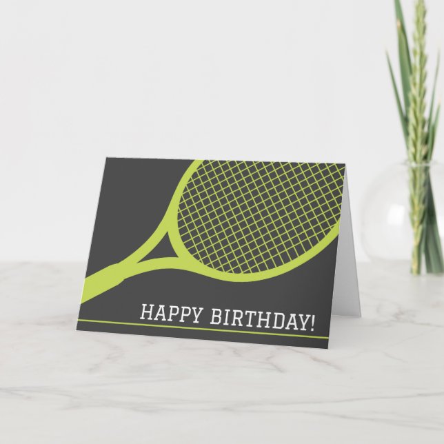 Tarjeta Tenis verde raqueta en un cumpleaños feliz y gris (Anverso)