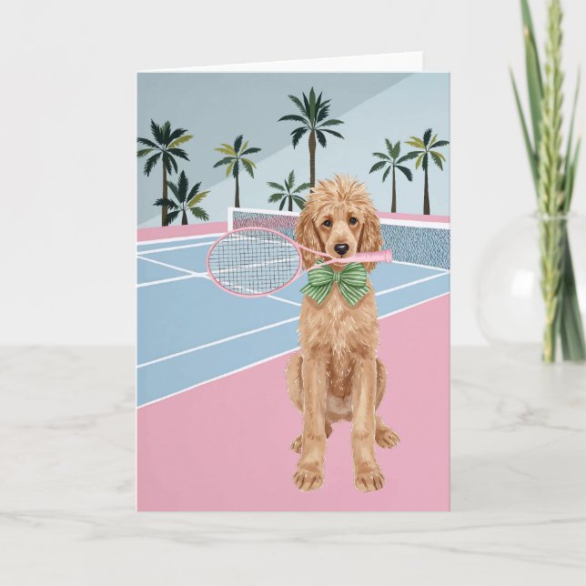 Tarjeta Tennis Poodle Pink Watercolor (Anverso)