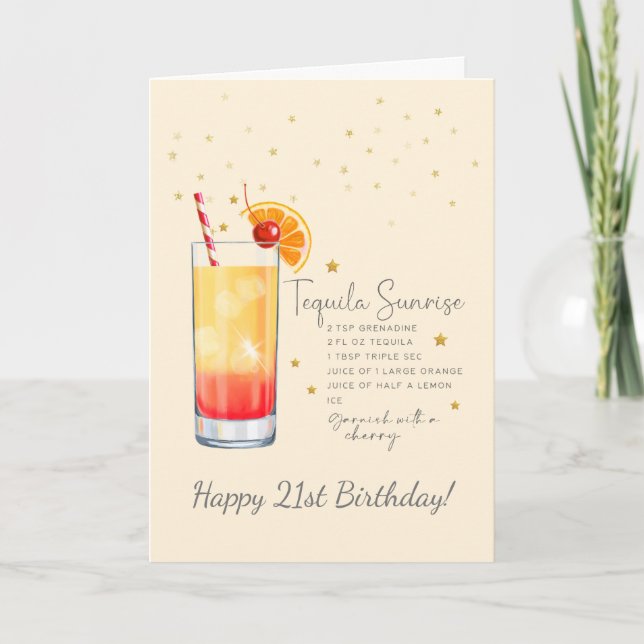 Tarjeta Tequila Sunrise Cocktail 21st Happy Birthday Card (Anverso)