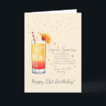 Tarjeta Tequila Sunrise Cocktail 21st Happy Birthday Card<br><div class="desc">Esta tarjeta de bienvenida Tequila Sunrise es la manera perfecta de decir feliz 21 cumpleaños. Incluye una receta de cóctel en onzas en la parte delantera y mililitros en la parte posterior. Puede personalizar este diseño haciendo clic en "Personalizar esta plantilla" o si desea cambiar el tipo de letra, los...</div>