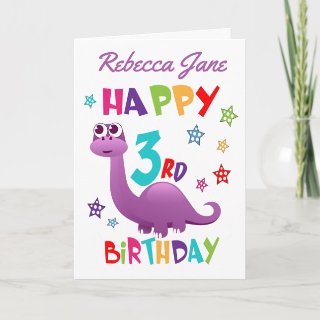 Tarjeta Tercer cumpleaños de Dinosaurio Púrpura (Anverso)
