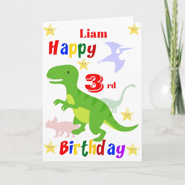 Tarjeta Tercer cumpleaños de Dinosaurio Verde (Anverso)