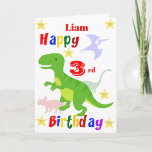 Tarjeta Tercer cumpleaños de Dinosaurio Verde
