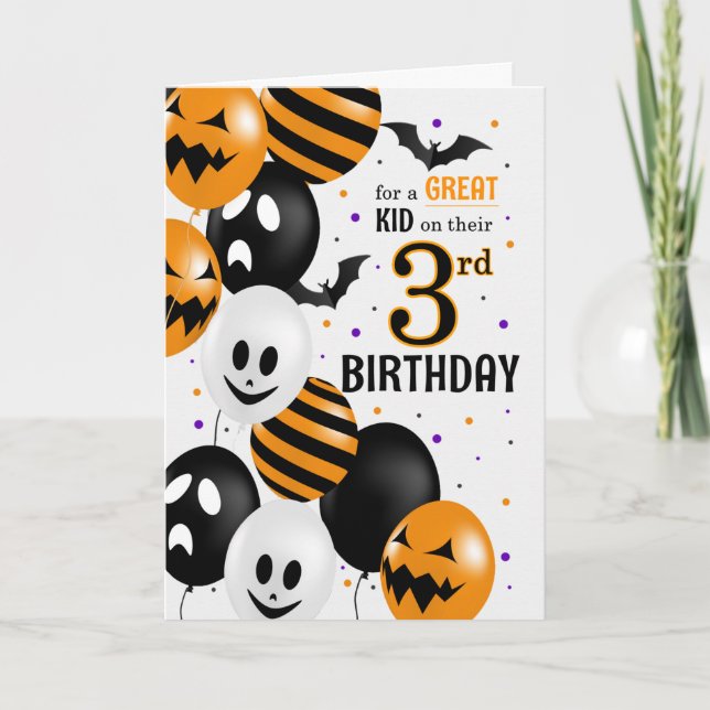 Tarjeta Tercer cumpleaños de niño en globos de Halloween (Anverso)