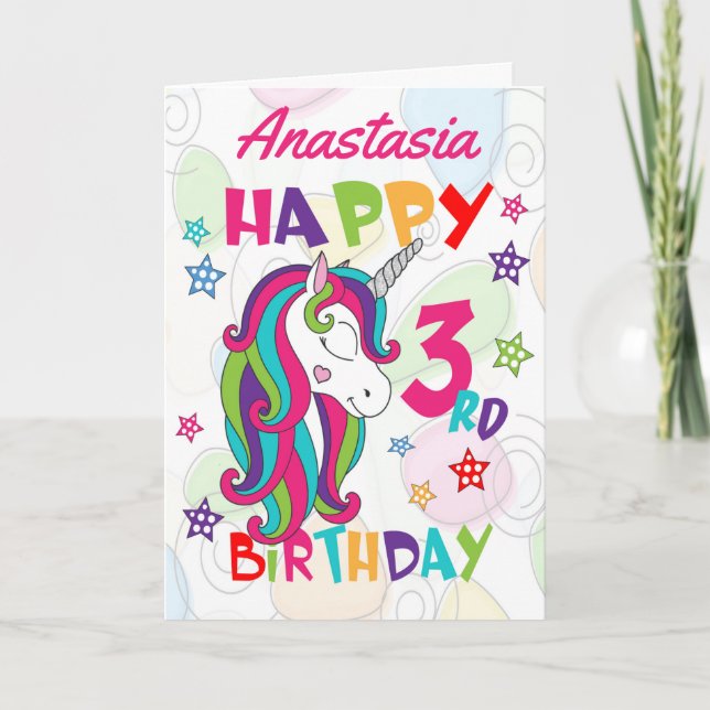 Tarjeta Tercer cumpleaños de Unicornio personalizado (Anverso)