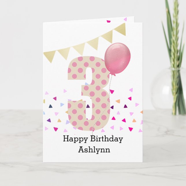 Tarjeta Tercer cumpleaños del Punto de Polka Rosa Confetti (Anverso)
