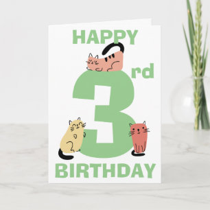 Tarjeta Tercer Cumpleaños Doodle Gatos Mensaje Personaliza