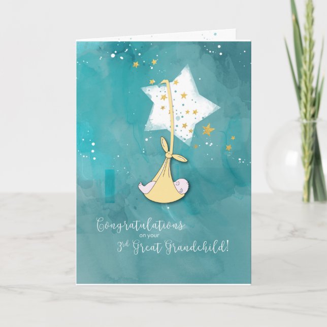 Tarjeta Tercera Gran Abuela, Felicidades, Bebé en Estrella (Anverso)