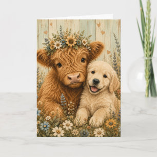 Tarjeta Ternero adorable de las Tierras Altas y cachorro d