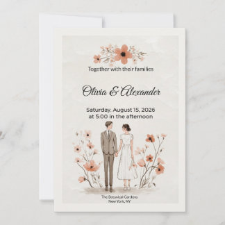 Tarjeta Terracotta Floral & Couple Illustration Wedding