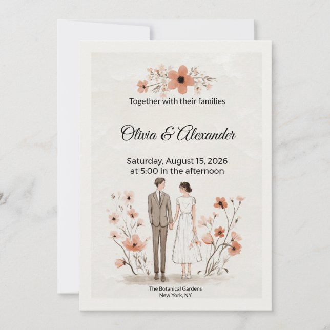 Tarjeta Terracotta Floral & Couple Illustration Wedding (Anverso)