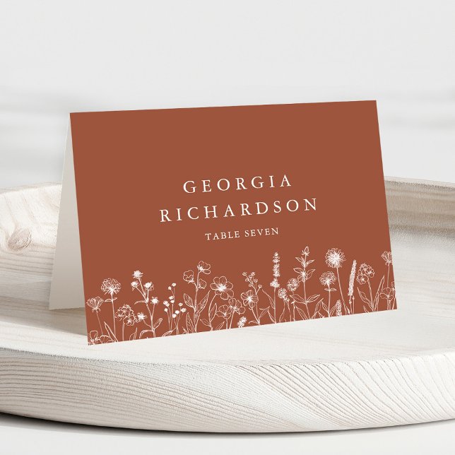 Tarjeta Terracotta Rustic Fall Wildflower Place (Terracotta Rustic Floral Fall Wildflower Wedding guest name place card)