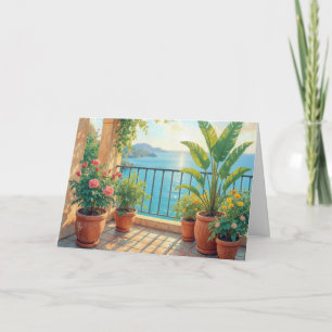 Tarjeta Terraza soleada de cumpleaños junto al mar