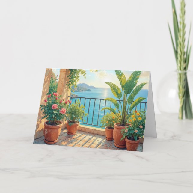 Tarjeta Terraza soleada de cumpleaños junto al mar (Anverso)