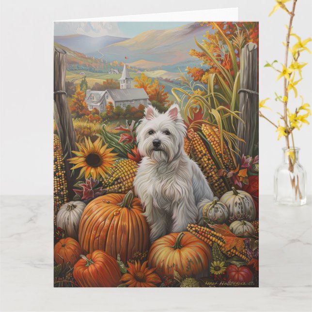Tarjeta Terrier Blanco de West Highland Otoño Día de Acció (flor amarilla)