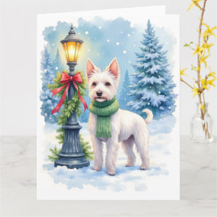 Tarjeta Terrier de Bedlington acuarela farola Navidad