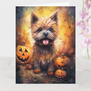 Tarjeta Terrier de Cairn de Halloween con calabazas aterra