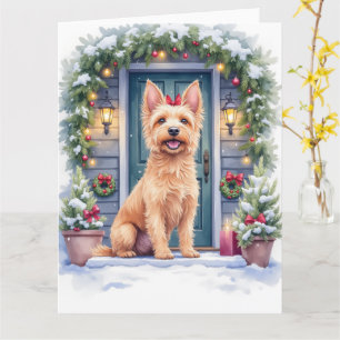 Tarjeta Terrier de seda australiano en el umbral nevado co