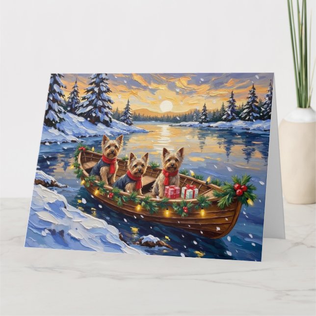 Tarjeta Terrier de Yorkshire Navidad Barco Fiesta (Anverso)