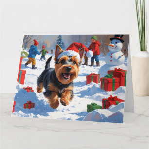 Tarjeta Terrier Escocés Corriendo en la Nieve con Sombrero