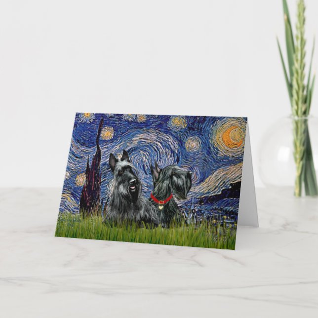 Tarjeta Terrier Escocés (dos blk) - Noche estrellada (Anverso)