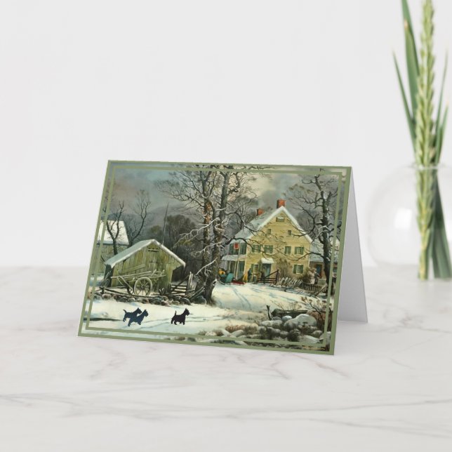 Tarjeta Terrier Escocés Estilo Antiguo de Invierno (Anverso)