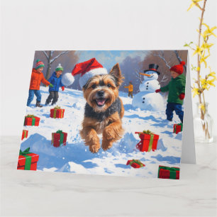 Tarjeta Terrier Tibetano Corriendo en la Nieve con Sombrer