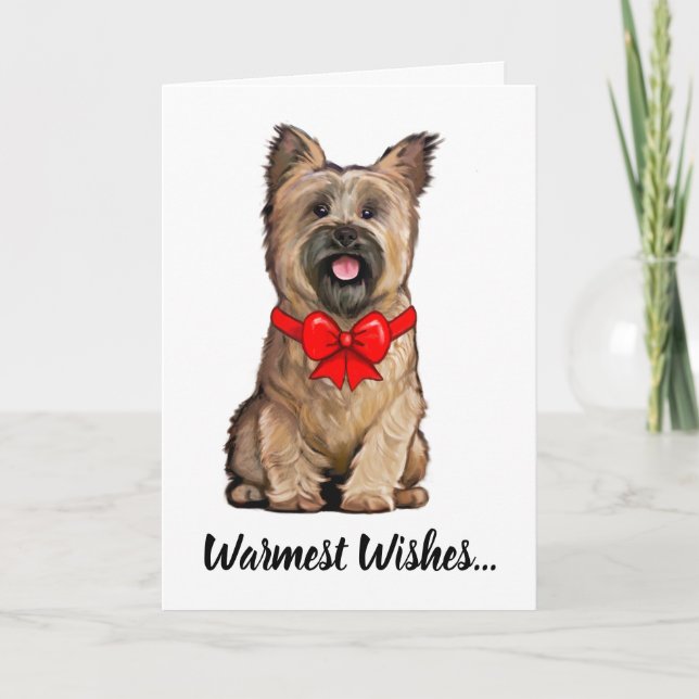 Tarjeta Terrier Wheaten Cairn con un lazo de Navidad (Anverso)