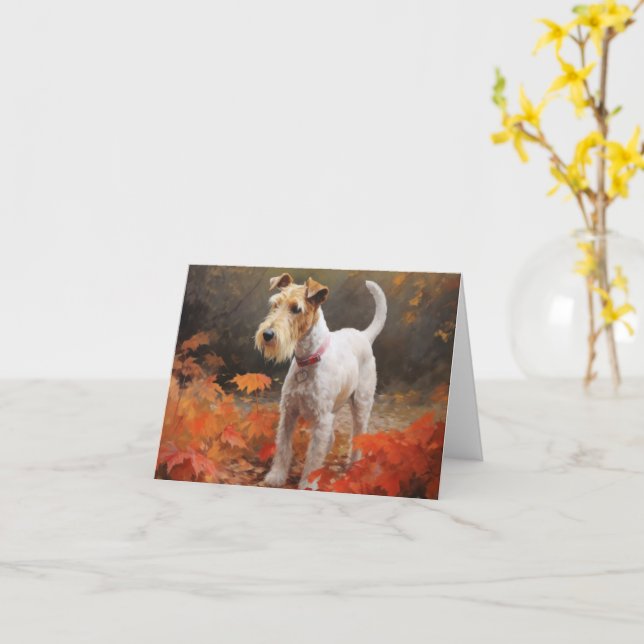 Tarjeta Terrier Wirefox en hojas de otoño Inspira  (flor amarilla)