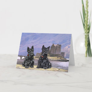 Tarjeta Terriers escoceses en el castillo de Eilean Donan