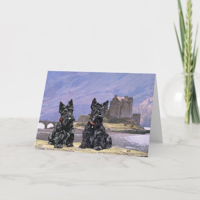 Tarjeta Terriers escoceses en el castillo de Eilean Donan (Anverso)