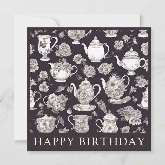 Tarjeta Tetera Floral Retro Cumpleaños (Anverso)