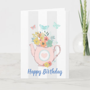 Tarjeta Tetera rosa con flores y mariposas de cumpleaños