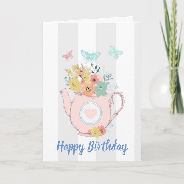 Tarjeta Tetera rosa con flores y mariposas de cumpleaños (Anverso)
