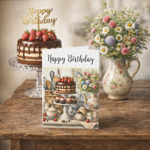 Tarjeta Teterera Antigua Taza de Té y Pastel de Chocolate 