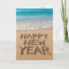 Tarjeta Texto de Año Nuevo Feliz en una playa tropical