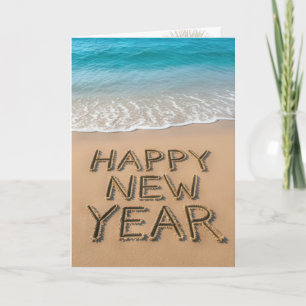 Tarjeta Texto de Año Nuevo Feliz en una playa tropical