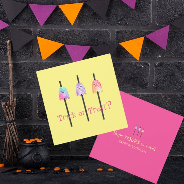Tarjeta Texto de truco o Personalizado de truco de fantasm (Halloween Custom Text Yellow Hot Pink Flat Greeting Card)