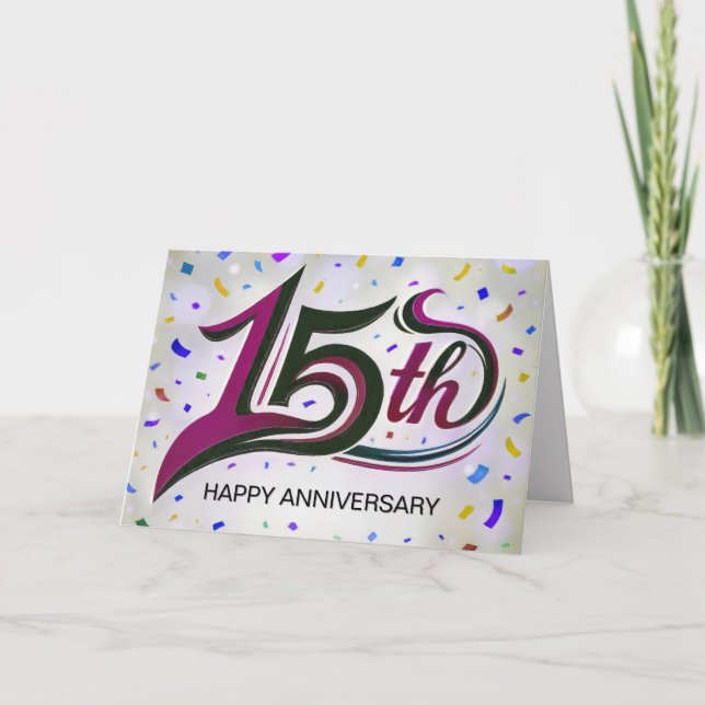 Tarjeta Texto del 15° Aniversario con el Fiesta Confetti (Anverso)
