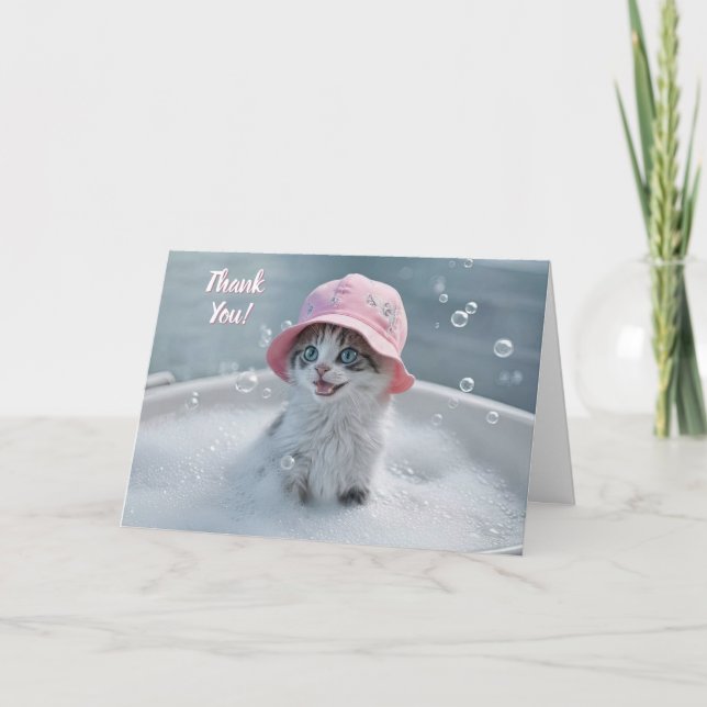 Tarjeta Thank You Cute Happy Kitten in Bubble Bath  (Anverso)