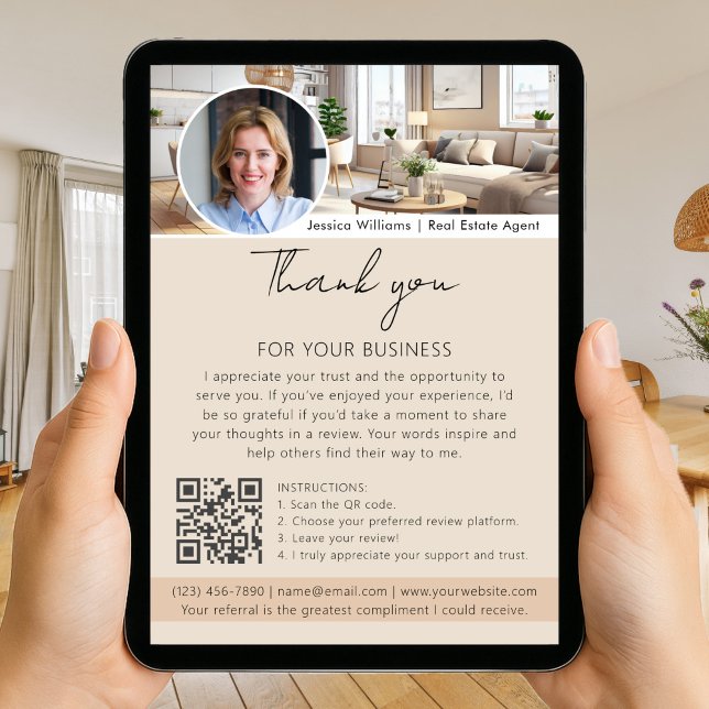 Tarjeta Thank You Review Request with QR Code Photo Beige (Subido por el creador)