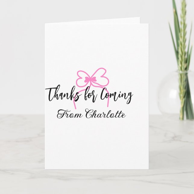 Tarjeta thanks for coming add name text message pink bow f (Anverso)