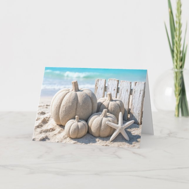 Tarjeta Thanksgiving Beach Sand Pumpkins (Anverso)