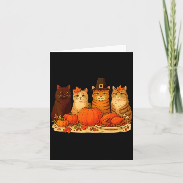 Tarjeta Thanksgiving Cats Dinner Pumpkin Autumn Men Women  (Anverso)