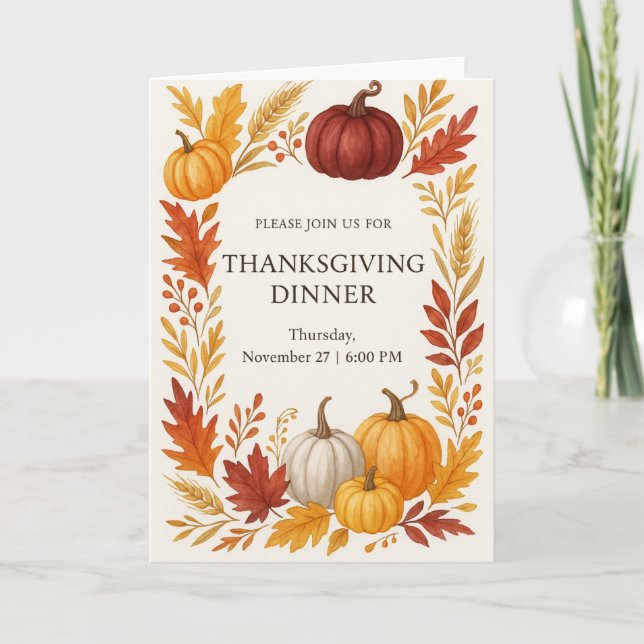 Tarjeta Thanksgiving Dinner Invitation Watercolor Pumpkins (Anverso)