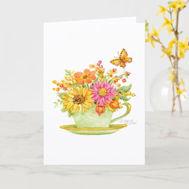Tarjeta Thanksgiving Teacup Beautiful Day Blessings Card (flor amarilla)